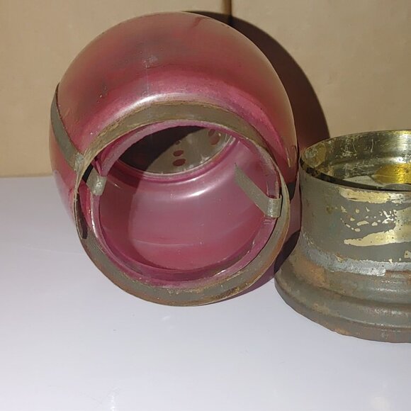 Antique Ice Skating Handheld Red Glass Metal Lantern Lamp Rustic Patina Small - Picture 6 of 13